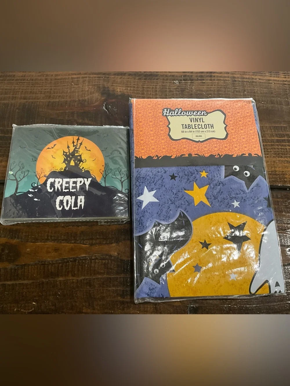 Lot of 2 Halloween Decorations Vinyl Tablecloth Creepy Cola Wrappers NOS